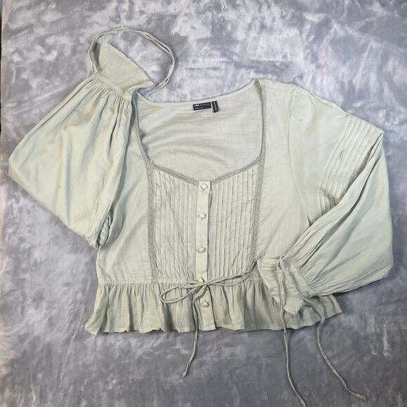 Pastel sage green cotton peasant top XL long blouson sleeves peplum cottage boho - Picture 1 of 9
